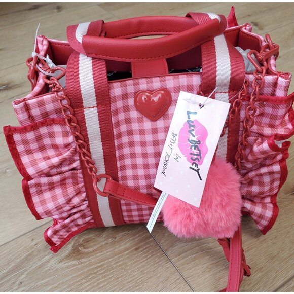 Betsey Johnson Heart LB Ruffle Pink Red Gingham Handbag Crossbody Tote Cottage - Picture 15 of 16